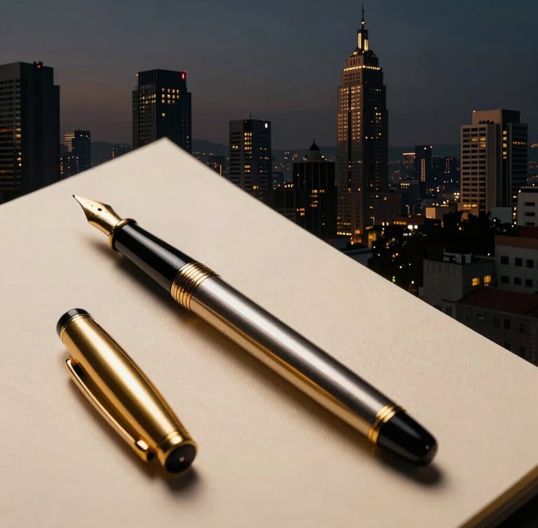 Dramatic close-up of a high-end gold fountain pen resting on heavy cotton paper, dark obsidian background, sharp low-key lighting highlighting metallic textures