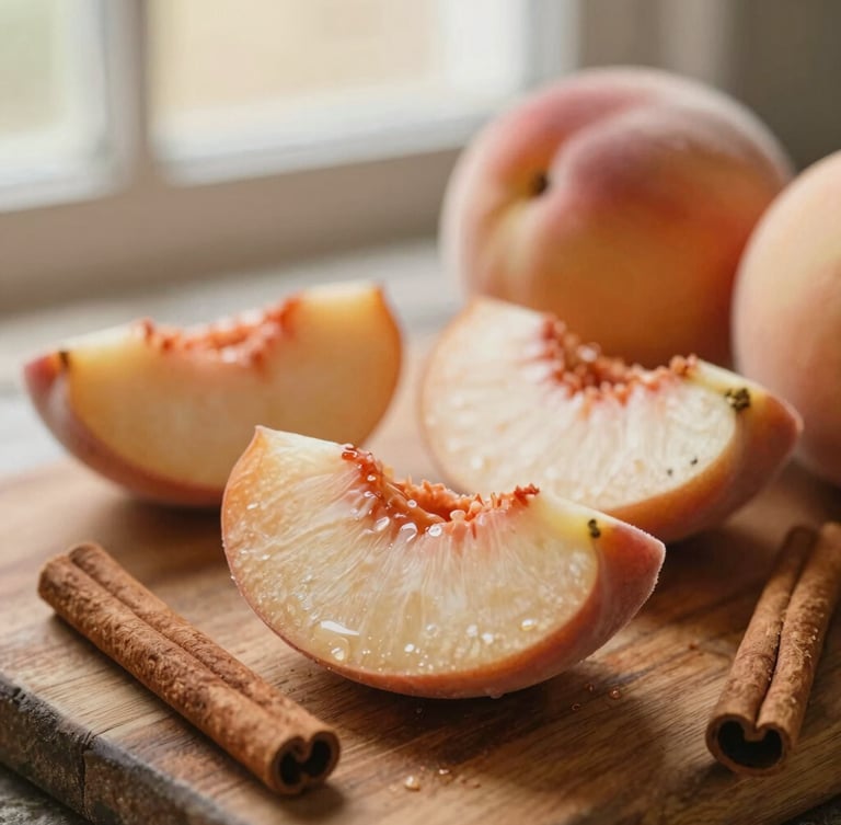 Close-up of fresh organic peach slices and cinnamon sticks on a rustic wooden board, soft diffused morning light, warm earthy tones, shallow depth of field