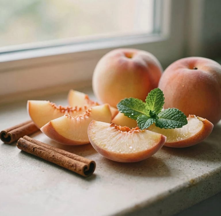 Close-up of fresh organic ingredients, sliced peaches, cinnamon sticks, and mint leaves on a stone counter, soft golden-hour window light, shallow depth of field, 35mm film