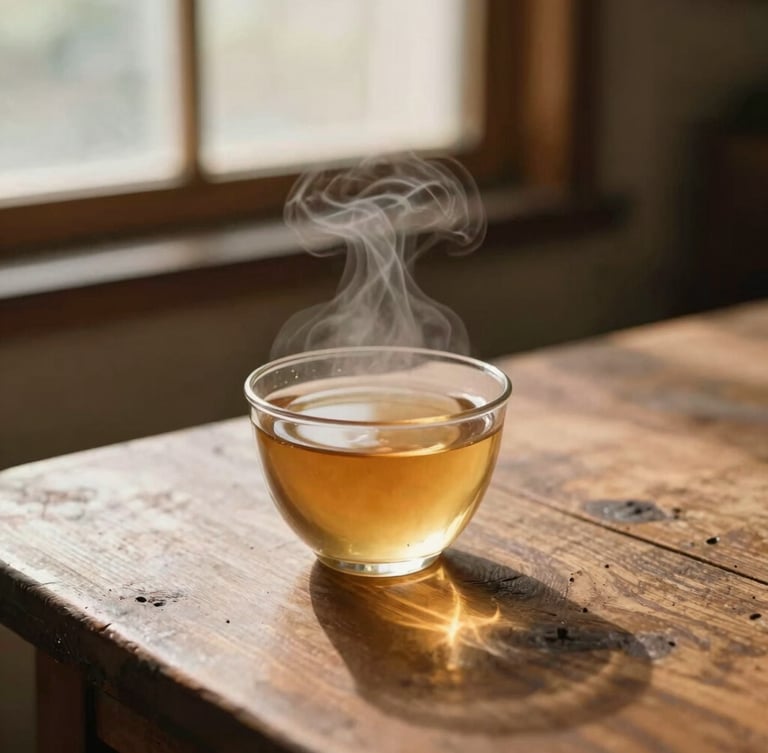 Warm editorial photography of a steaming cup of herbal tea on a rustic wooden table, soft golden-hour window light, organic earthy tones, shallow depth of field, 35mm film