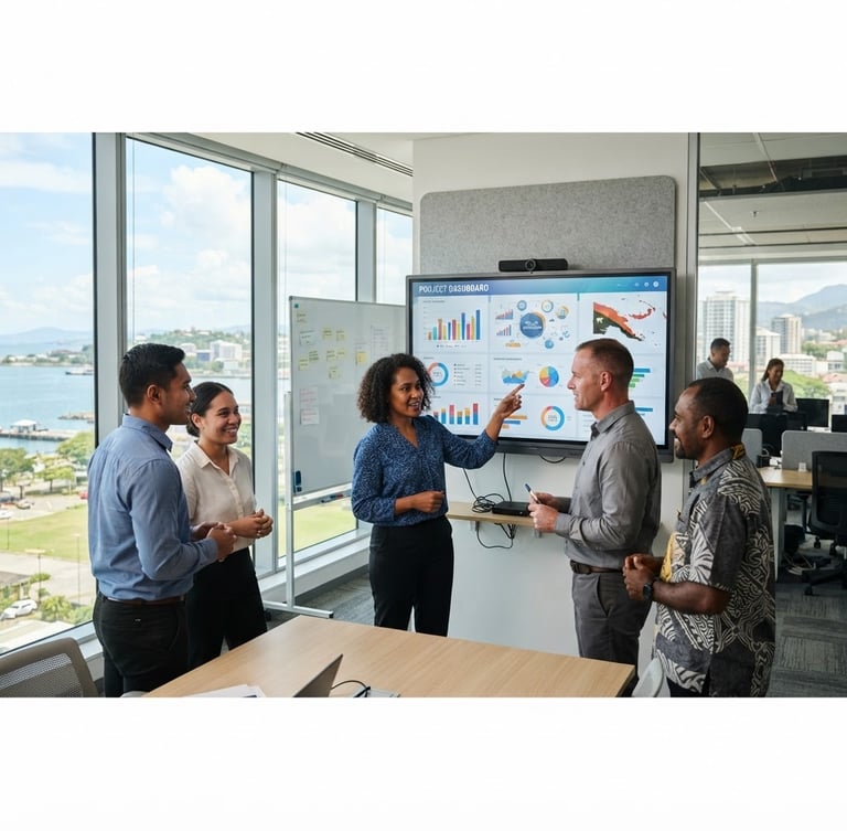 Bright, modern office environment in Port Moresby, Papua New Guinea, with local business professionals collaborating around a large screen, natural daylight streaming in.