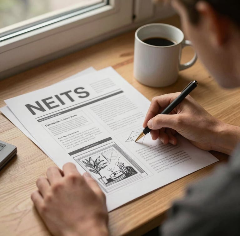 Over-the-shoulder view of a designer sketching a newsletter layout on warm-toned paper under soft window light, ceramic mug nearby.
