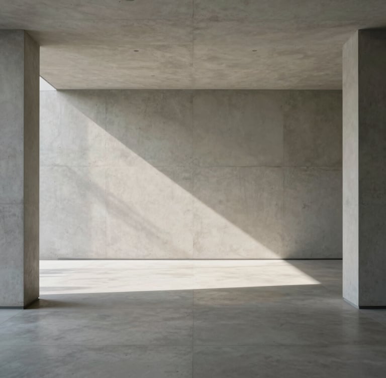 A minimalist modern concrete interior, straight-on symmetrical framing, soft afternoon sun casting sharp geometric shadows on the floor, Hasselblad medium format.