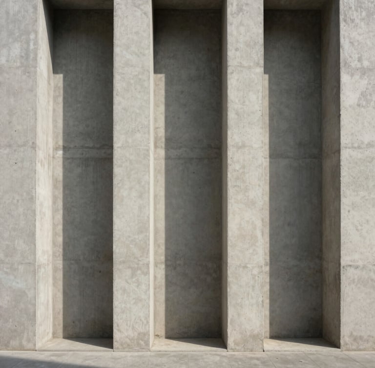 Symmetrical straight-on shot of raw concrete architectural columns, sharp geometric shadows cast by late afternoon sun, minimalist structural rhythm, Hasselblad medium format style.