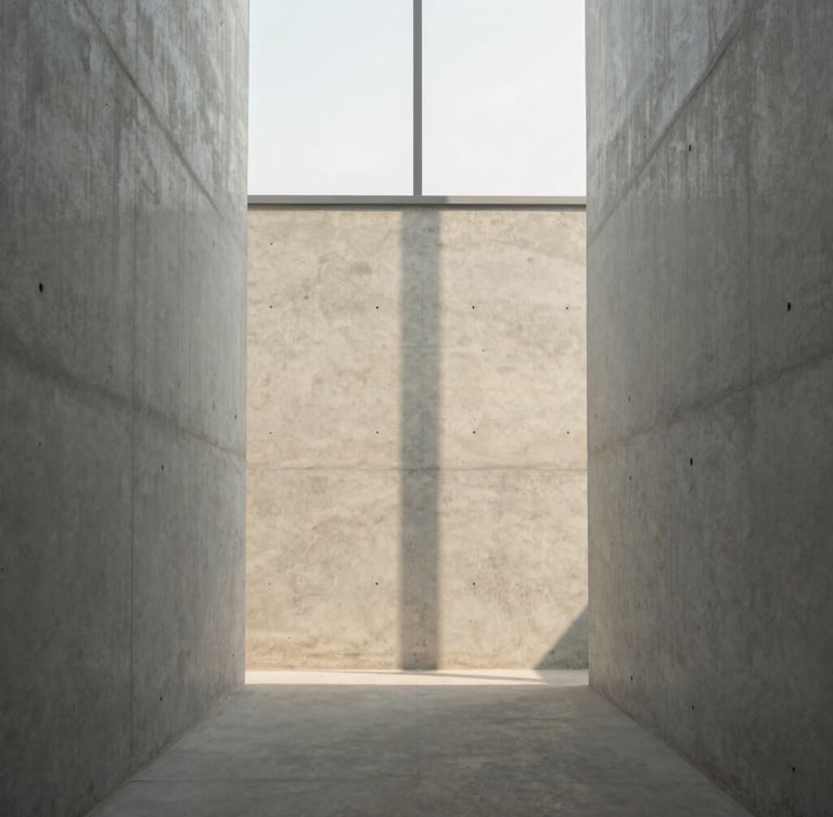 Symmetrical straight-on shot of a raw concrete wall, soft morning light casting long geometric shadows from a high window, minimalist architectural detail, medium format.