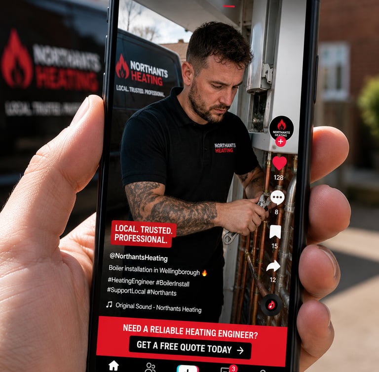 A heating engineer performing a boiler installation in Wellingborough shown on a smartphone social media app.