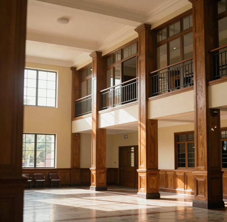 Wide environmental shot of an academic hall in Valledupar, soft natural window light, elegant wooden details, warm editorial photography