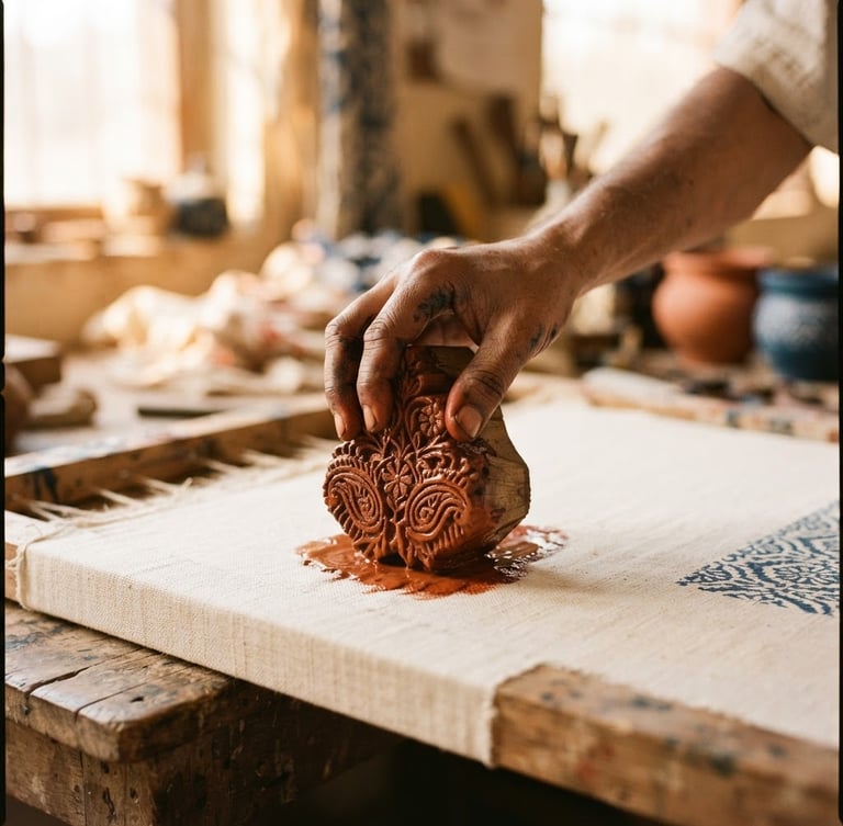 Close-up of an artisan's hand pressing a hand-carved wooden block dripping with rich terracotta dye onto stretched organic cotton fabric, warm golden-hour side-window daylight, shallow depth of field, 35mm