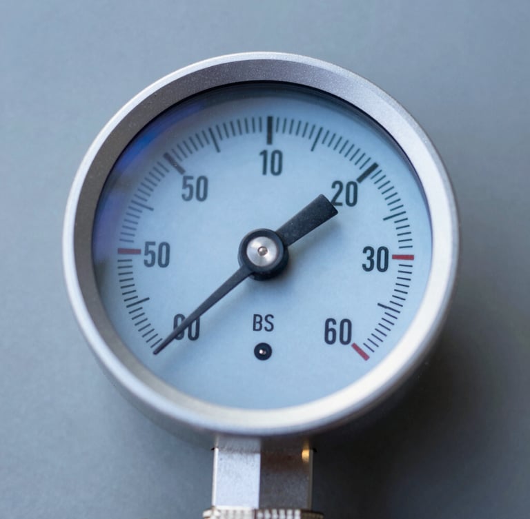 Macro shot of a digital manifold gauge showing precise pressure readings, crisp blue backlight, cool slate gray background, sharp focus