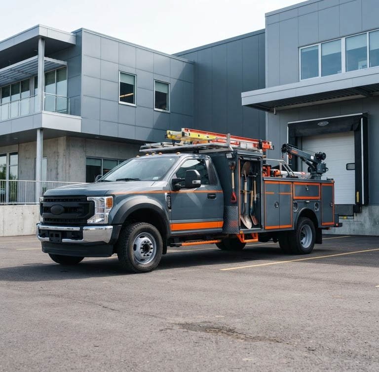 Sharp industrial photography of a 4CORE branded service truck parked outside a technical facility, crisp natural daylight, cool slate tones with high-visibility orange accents, clear depth of field