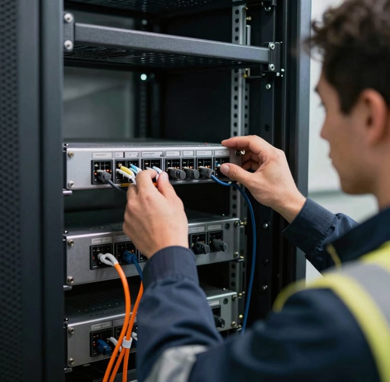A technician in safety gear mounting an enterprise switch into a heavy-duty black server rack.