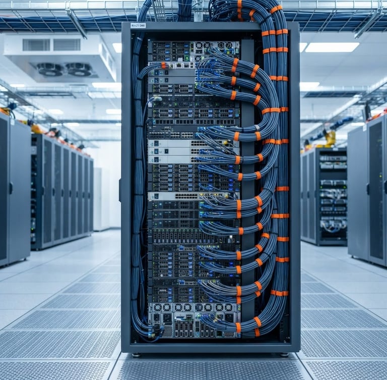 Sharp industrial photography of an immaculate server rack inside a modern data center, clean cable management with orange ties, cool slate tones, sharp depth of field