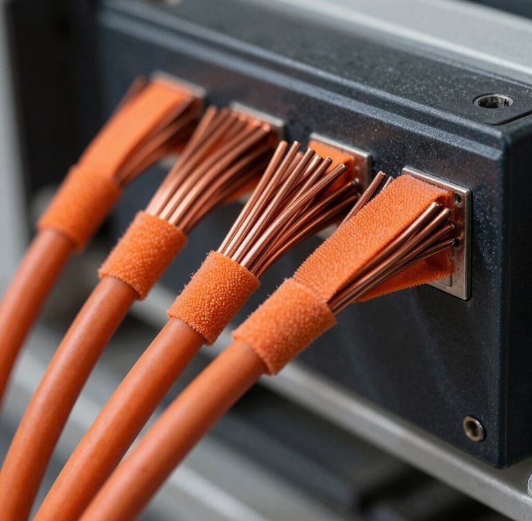 Close-up of structured copper cabling bundles, perfectly combed and tied with orange velcro, mounted on a black patch panel.