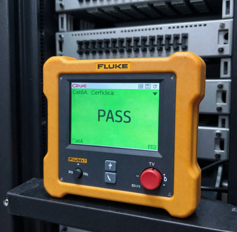 A Fluke network tester screen showing a bright green PASS result on a Cat6A certification test in a clean server room.