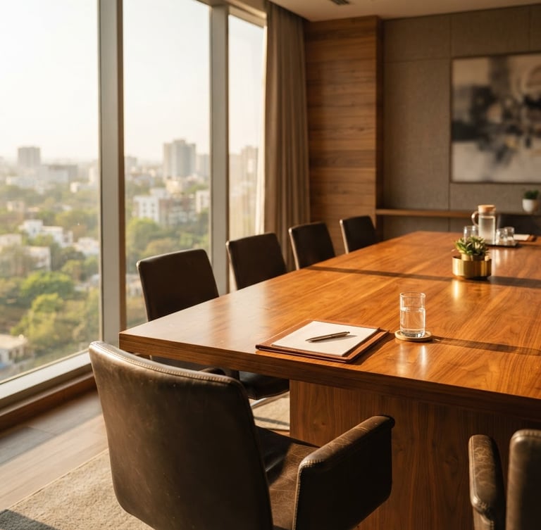 Warm editorial photography of a modern corporate boardroom in Pune, sunlight streaming across a polished teak conference table, minimalist leather chairs, clean professional aesthetic, shallow depth of field.