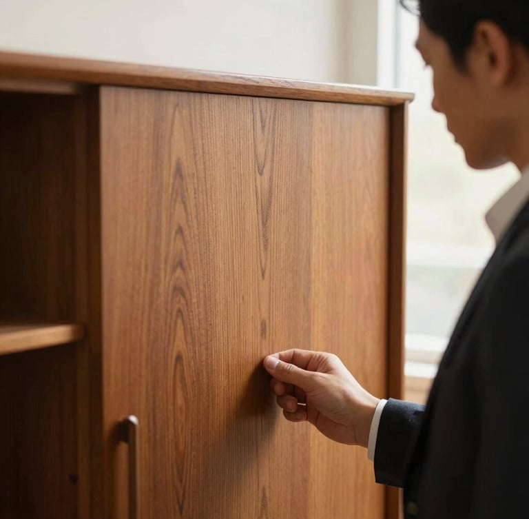 A professional appraiser in neat attire examining the fine wood grain of a mid-century modern cabinet, warm natural window lighting, shallow depth of field