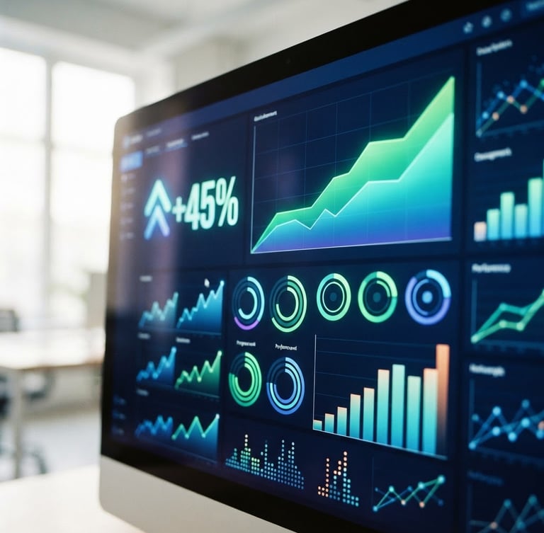 Close-up of a vibrant analytics dashboard showing growth metrics, clean UI, natural daylight, crisp focus, 35mm