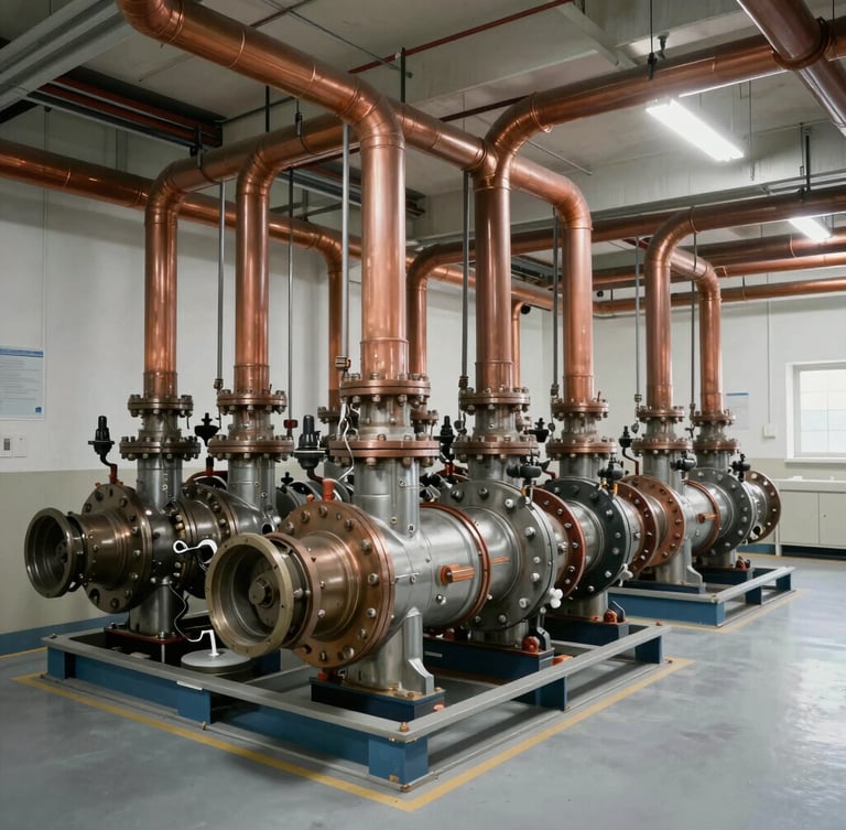 Wide-angle portrait shot of pristine commercial mechanical room, clean runs of copper piping and organized manifolds, bright neutral warehouse daylight, high-clarity details.