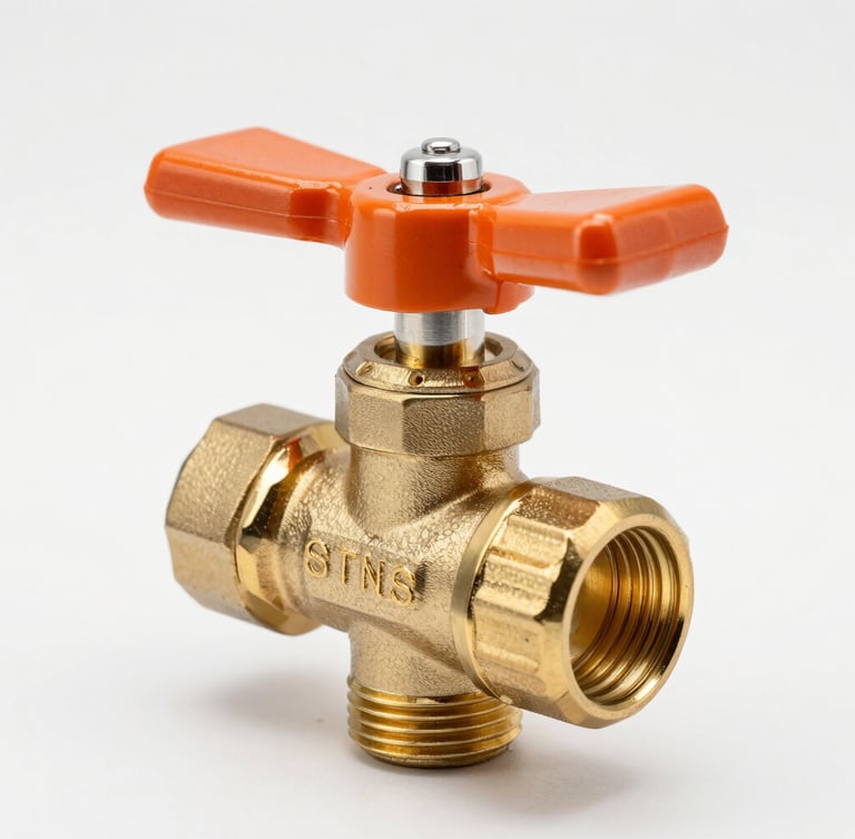 Macro studio shot of heavy-duty brass ball valve with orange handle, clean metallic threads, bright studio lighting