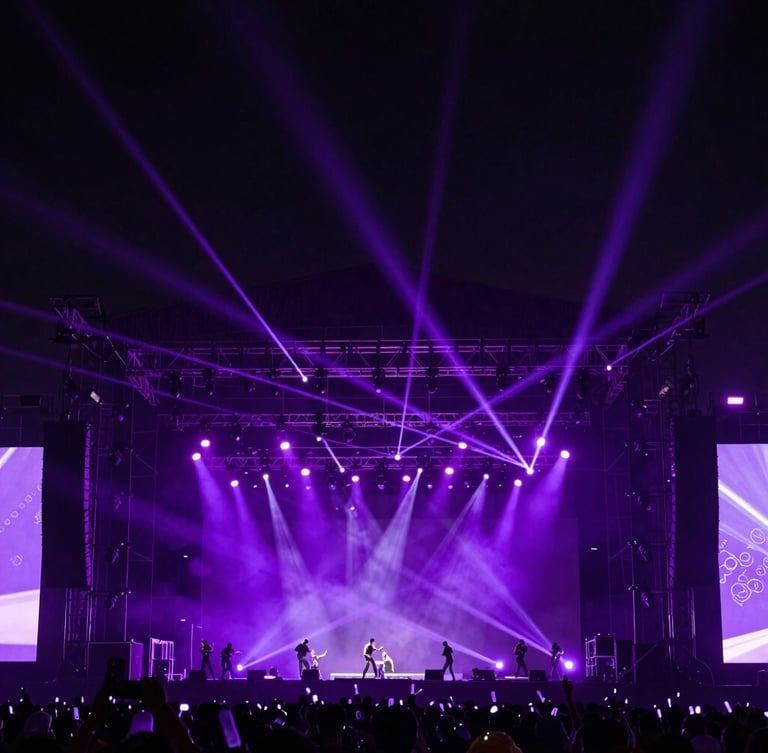Wide-angle dramatic shot of massive festival rigging and stage lights, deep navy and electric violet tones, high-contrast laser beams cutting through haze