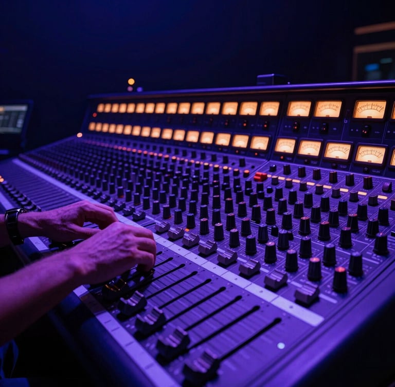 Low-angle close-up of a producer's hands adjusting faders on a massive analog mixing console with warm incandescent meter glows, deep navy shadows.
