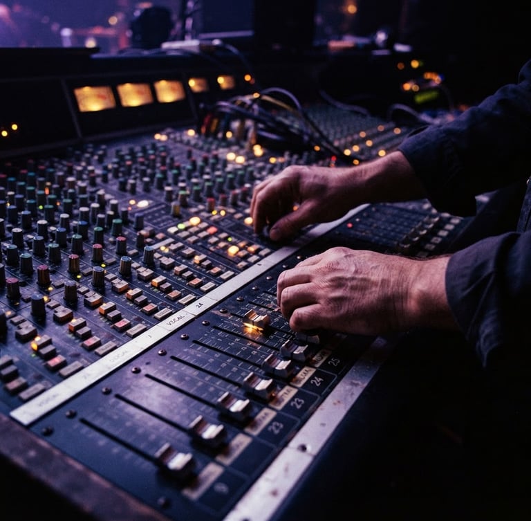 Low-angle close-up of hands adjusting faders on a large analog mixing console, warm incandescent studio glow, deep shadows, high-contrast