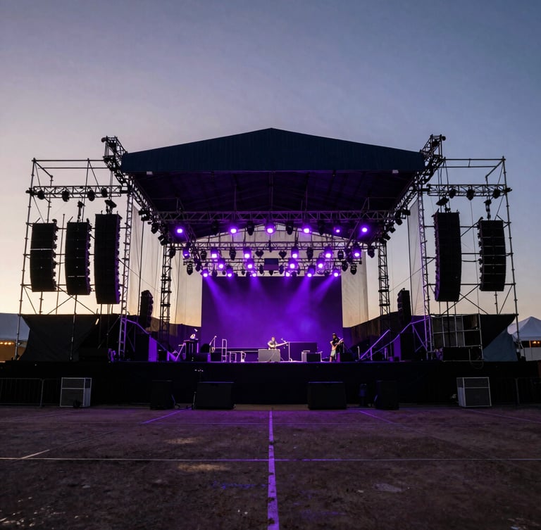 Wide-angle environmental shot of festival rigging and line arrays at sunset, empty stage waiting for soundcheck, dramatic backlighting.