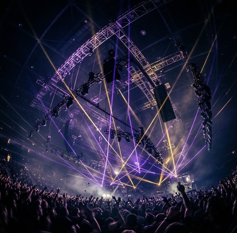Low-angle heroic shot of a massive concert stage rigging with intense electric violet and molten gold lasers cutting through deep shadows, wide-angle dramatic lens