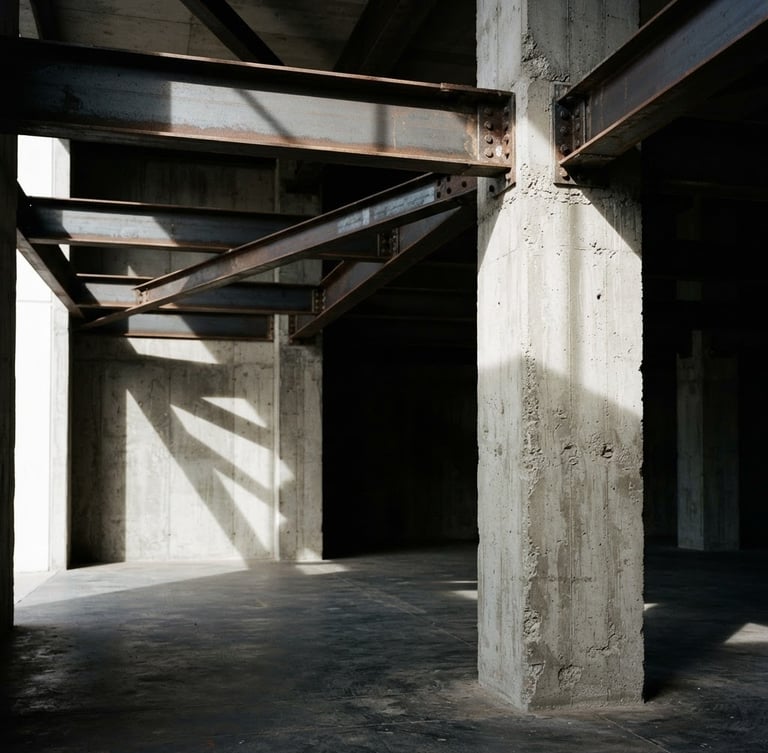minimalist architectural photography, raw concrete columns and steel beams structure, sharp natural light, deep shadows, high contrast, 35mm