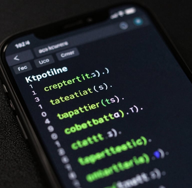 Extreme close-up macro shot of a modern Android smartphone screen displaying a dark IDE terminal window with clean Kotlin code, neon green syntax highlighting, screen-lit atmosphere, dark background.
