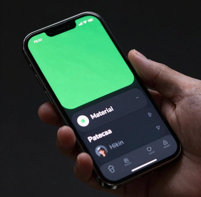 Close-up of a Pixel device held in hand, displaying a sleek Material Design dark mode interface with vibrant green accents, screen-lit fingers, dark studio background