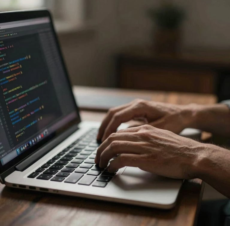 Close-up of a web developer's hands optimizing code on a laptop, warm natural side-light, dark studio environment, shallow depth of field, 35mm.