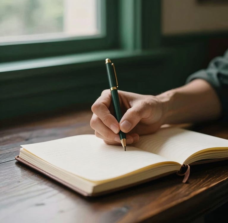 Close-up of hands writing in a classic leather notebook on a dark wooden table, soft side window light, deep forest green tones, warm academic atmosphere