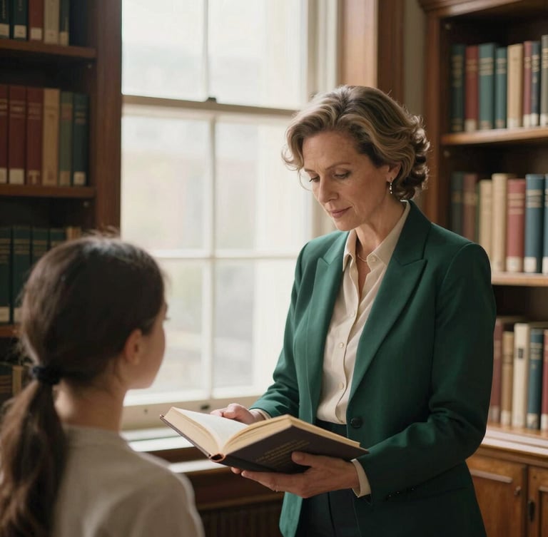 Candid portrait of an elegant mentor guiding a student in a quiet library with warm window light, classic wooden bookshelves, focus on hands holding a book, soft editorial tones