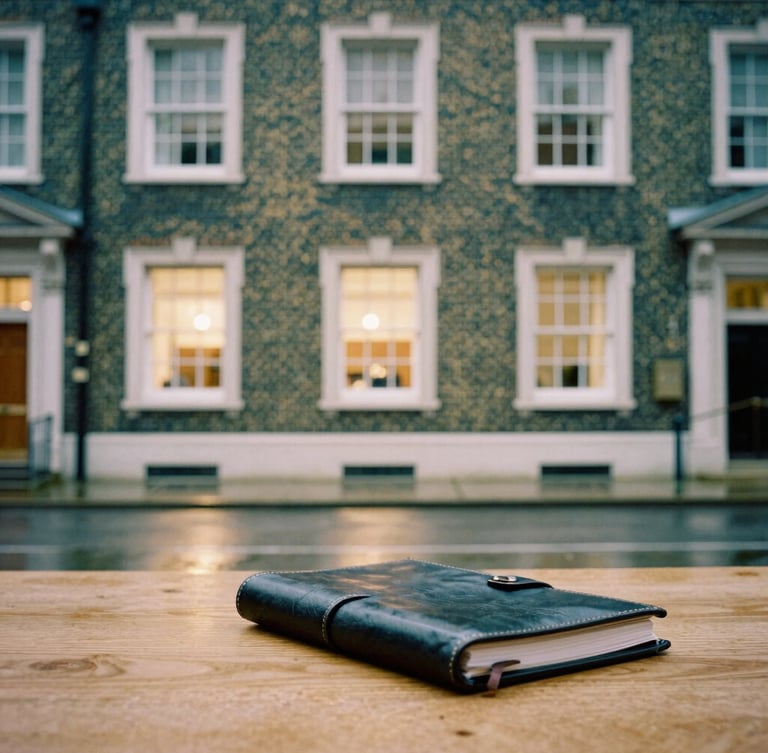 Classic brick facade of an elite global university campus in London, warm window light reflecting on wet pavement, leather notebook on a wooden table in foreground, soft editorial 35mm film aesthetic