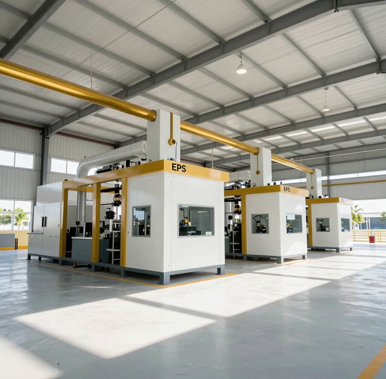 Wide-angle architectural interior of a modern EPS manufacturing facility in Guyana, clean industrial machinery, bright daylight, high contrast shadows