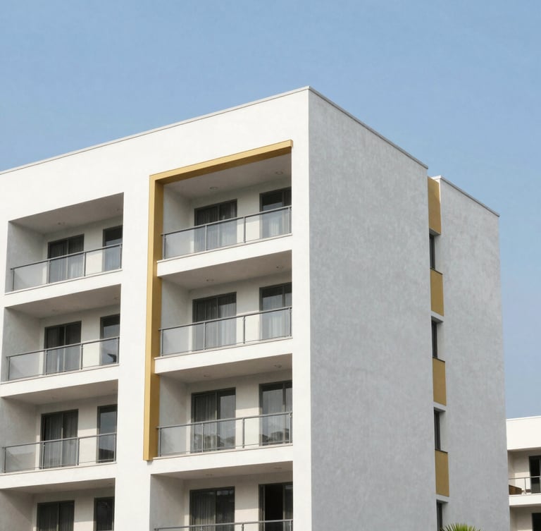 Crisp architectural photography of a modern 3D panel residential development under bright tropical Guyana daylight, clean structural lines, 35mm