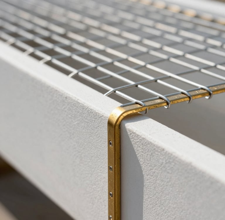 Macro close-up of structural 3D panel steel mesh wrapping a white EPS core, dramatic architectural lighting, high contrast, 35mm