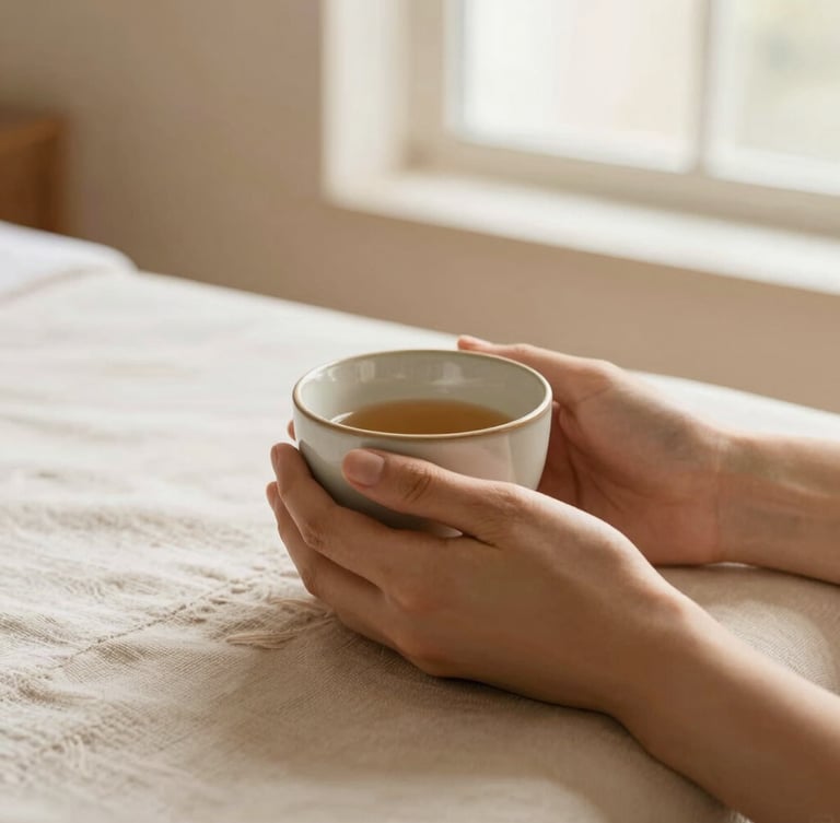 Close-up of hands holding a warm ceramic cup on a lino tablecloth, soft natural afternoon light, elegant wellness clinic atmosphere