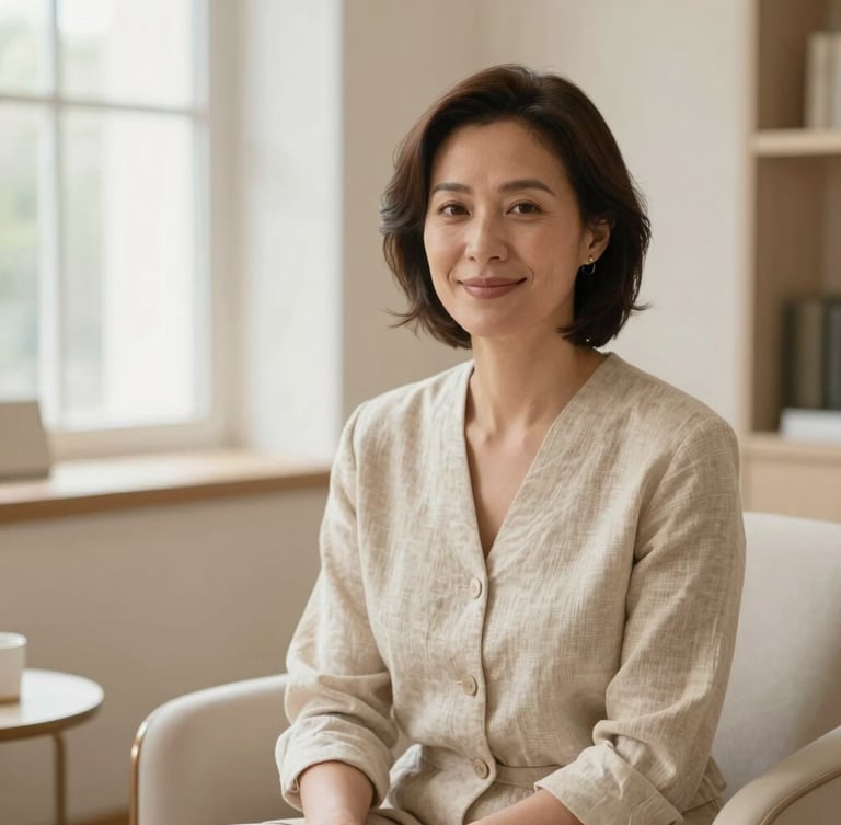 Elegant portrait of a female therapist in her late 30s with a warm and professional expression, sitting in a bright boutique office, soft natural light, linen textures, cream and sand background, shallow depth of field