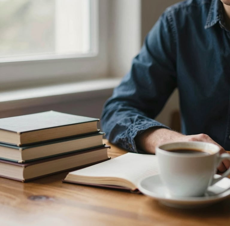 A close-up portrait of a writer at a wooden desk, soft morning window light, a stack of books and a cup of coffee nearby, warm editorial style, shallow depth of field