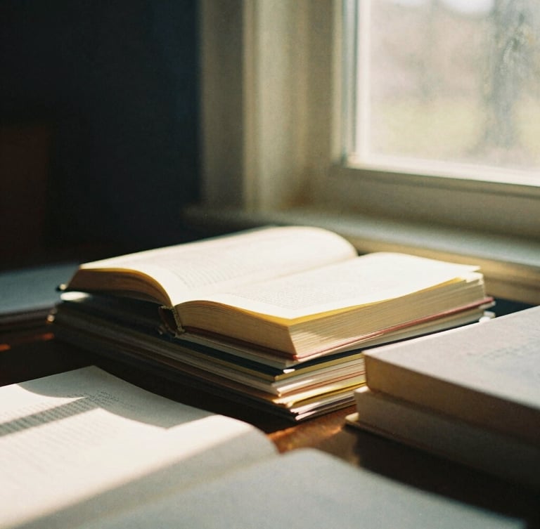 A quiet, sunlit workspace in McCall, Idaho, with a stack of open books, textured paper, and warm golden-hour window light, 35mm photography.