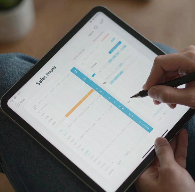Macro close-up of hands holding a tablet displaying clean sales pipeline data and CRM analytics, soft natural lighting