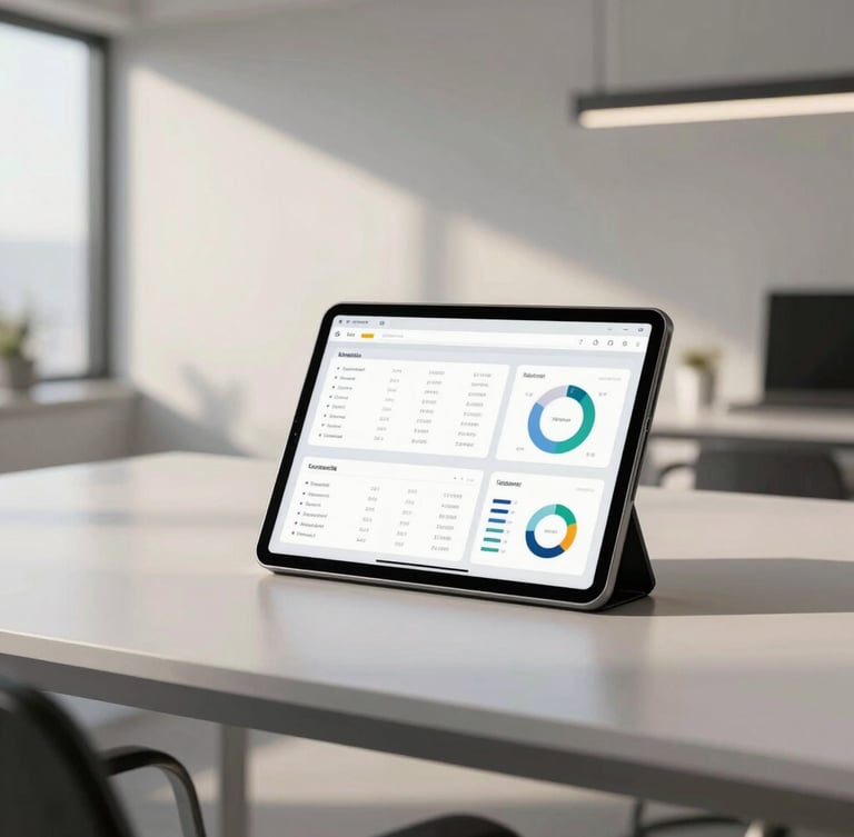 Minimalist corporate workspace with a tablet displaying clean CRM analytical graphs, soft morning daylight, architectural lines, premium B2B atmosphere.