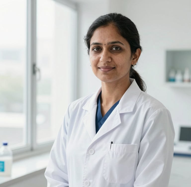 Environmental portrait of Dr. Jaya Thakur, a female dentist in a professional white coat, standing in a bright modern clinic in South Extension, soft daylight, warm authoritative expression.