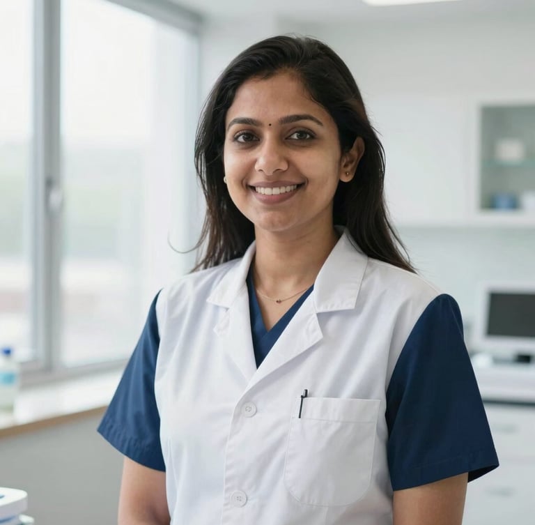 A bright professional environmental portrait of Dr. Jaya Thakur in her clean modern dental clinic in South Extension, soft natural window light, clinical navy and white tones, shallow depth of field
