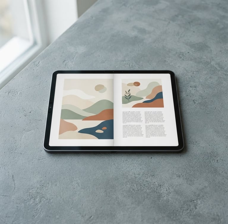 A clean minimalist mockup of a digital tablet displaying an e-book, soft diffused natural light, muted slate gray background, overhead flat-lay