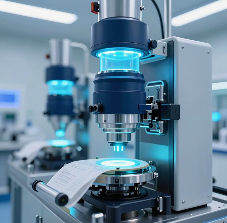 Sleek pharmaceutical production line, automated packaging under sterile blue and white LED lighting, high-tech cleanroom environment, clinical photography