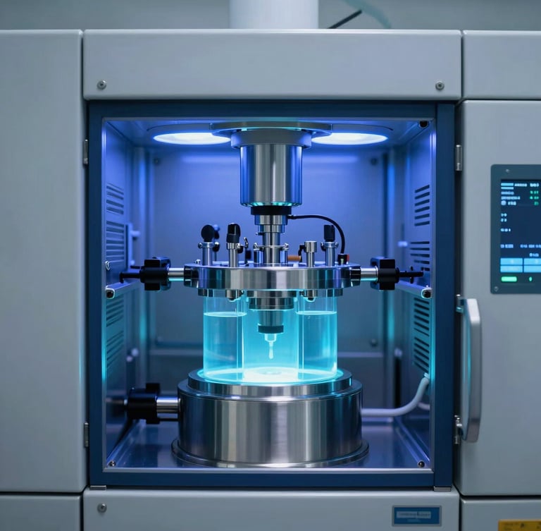 State of the art sterile cleanroom facility with high-tech automated liquid filling machines, clinical blue lighting, 35mm