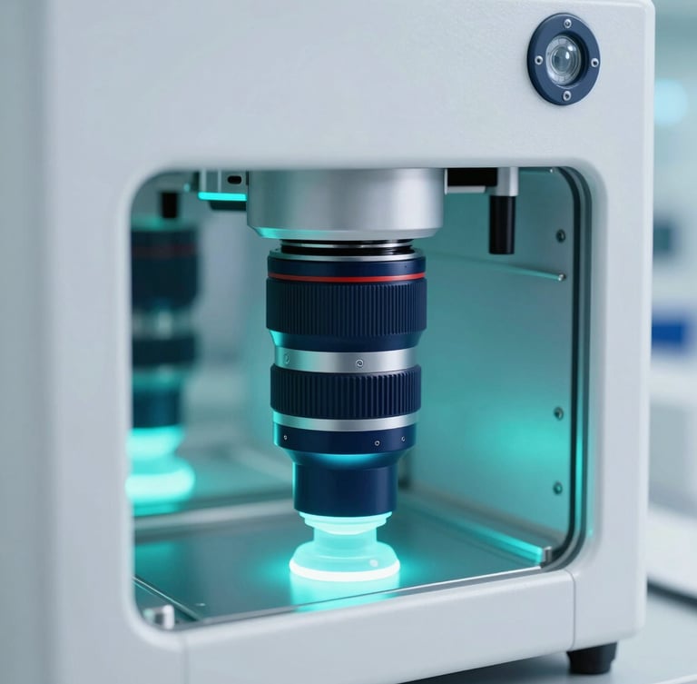 Sleek automated pharmaceutical packaging line under cool clinical white light with subtle glowing cyan ambient backlighting, macro lens, 35mm